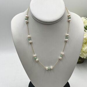 CP Sterling Vermeil Round Jade 
white Freshwater Pearl Floating Station Necklace